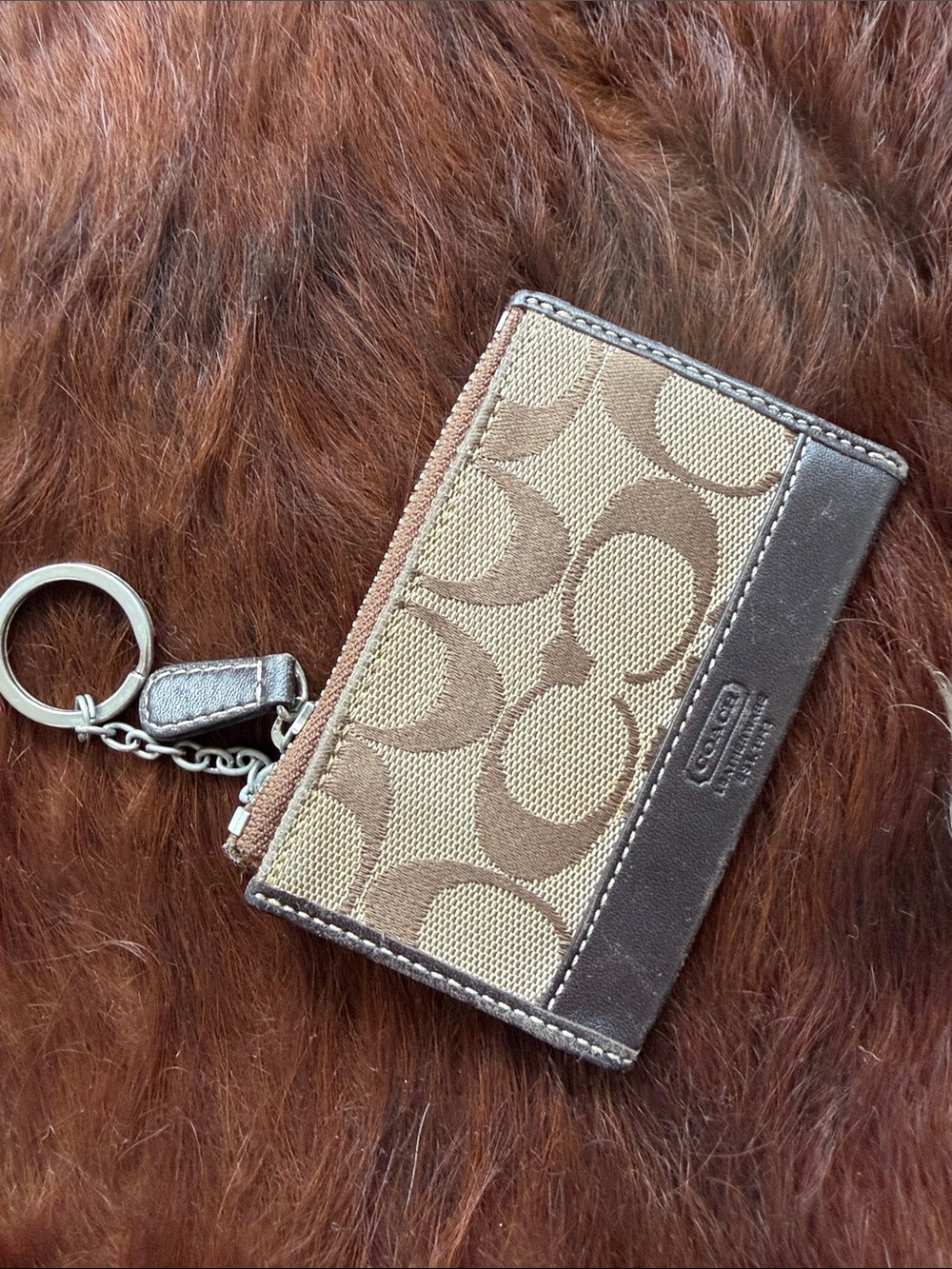 Coach Brown/Tan Signature Brown Leather Card Case with Keyring